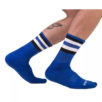   Fél Fetis Stripes – kék-fekete-fehér zokni az érzékekért