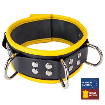 Bőr nyaklánc - 3 D-gyűrű - fekete/ sárga színben