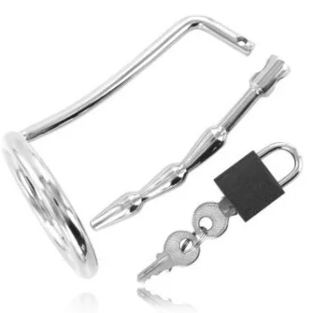   Metal Hard Testicle Ring Urethral Chastity Plug 45mm with Padlock