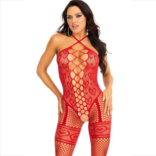 LEG AVENUE - BODYSTOCKING NYAKKIVÁGÓ NYAKPÁNT PIROS SZÍVEK PIROS