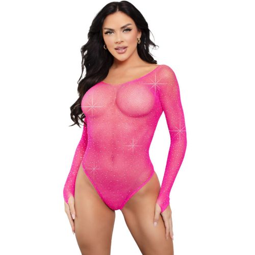 LEG AVENUE - KRISTÁLYOS HOSSZÚ UJJÚ BODYSUIT FUKSZIA