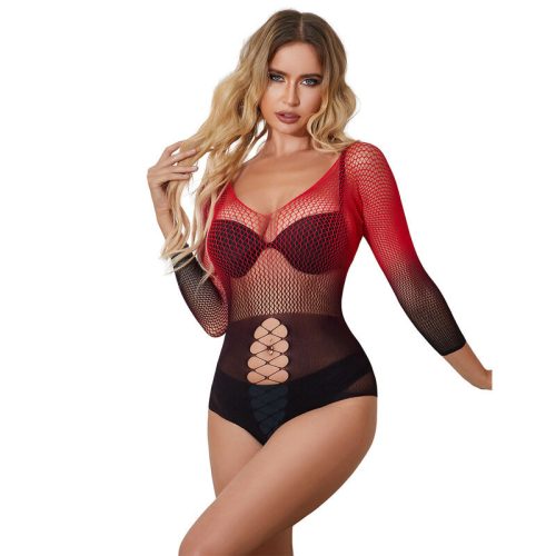 SUBBLIME - 952259 PIROS ÉS FEKETE SZÍNÁTMENETES HOSSZÚ UJJÚ ELASZTIKUS HÁLÓS BODYSTOCKING EGY MÉRETBEN