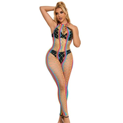 SUBBLIME - 952358 SZIVÁRVÁNYSZÍNŰ, HALTER NYAKÚ, HÁLÓS BODYSTOCKING EGY MÉRETBEN