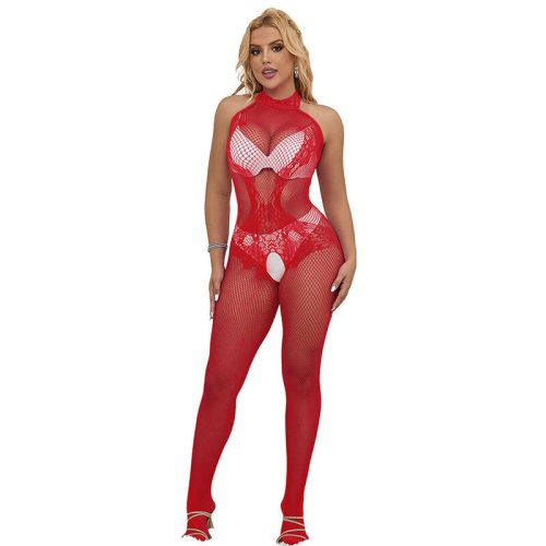 SUBBLIME - 952372 HÁLÓS ÉS CSIPKÉS BODYSTOCKING MAGAS NYAKKAL PIROS EGY MÉRET