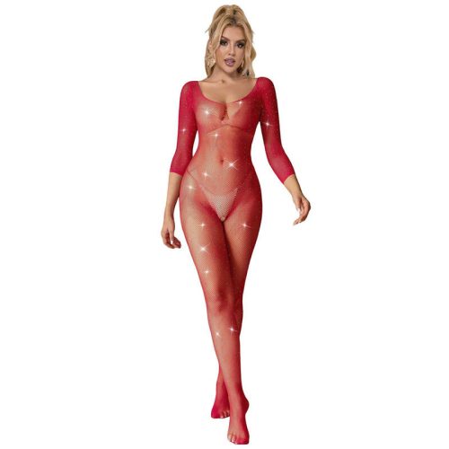 SUBBLIME - 952419 HÁLÓS BODYSTOCKING GYÉMÁNTOKKAL HOSSZÚ UJJÚ PIROS EGY MÉRET