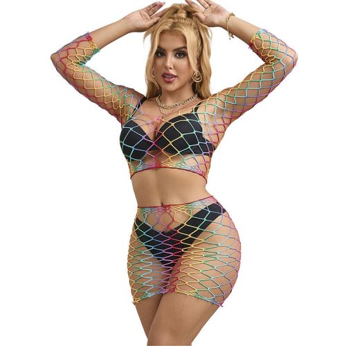 SUBBLIME - 952440 2 RÉSZES HÁLÓS BODYSTOCKING HOSSZÚ UJJÚ SZIVÁRVÁNYOS EGY MÉRET