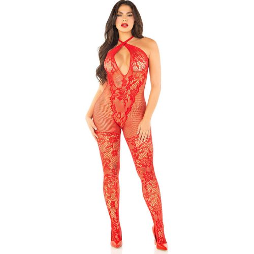 LEG AVENUE - VIRÁGMINTÁS HÁLÓS BODYSTOCKING PIROS EGY MÉRET