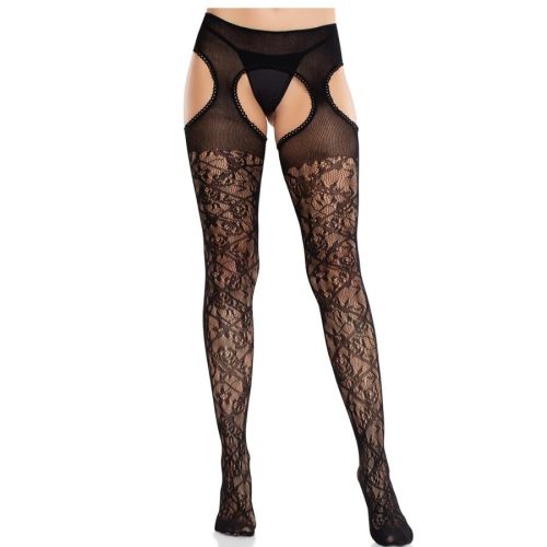 LEG AVENUE - Virágmintás csipkés harisnyák garter övvel, Fekete 