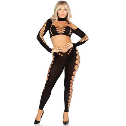 LEG AVENUE - Döntött Kivágású Fekete Crop Top és Leggings Szett