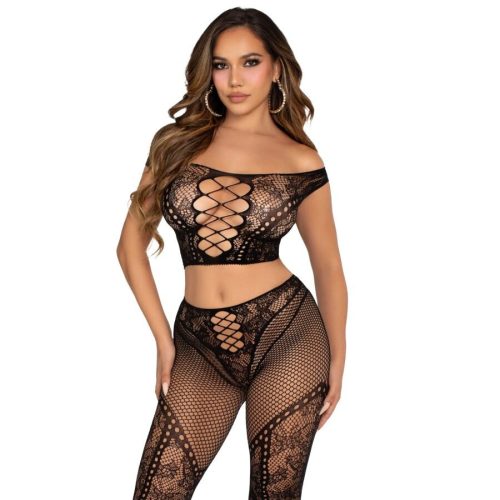 LEG AVENUE – fekete hálós leggings és crop top vállra szabadon