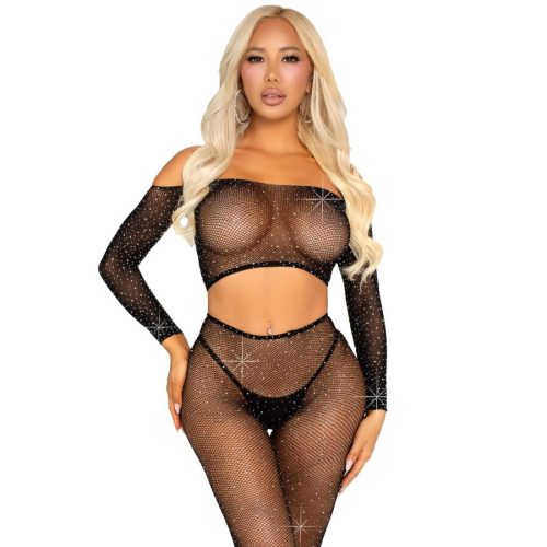 LEG AVENUE - Strasszos Fekete Crop Top és Halháló Leggings
