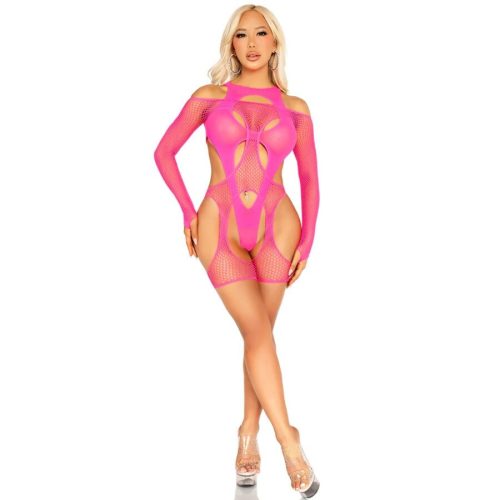 LEG AVENUE - Hálós Bodystocking Harisnyatartóval és Hordozóval - Neon Rózsaszín