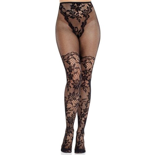 LEG AVENUE - Dahlia Csipkés Harisnya Háló Részletekkel - Fekete