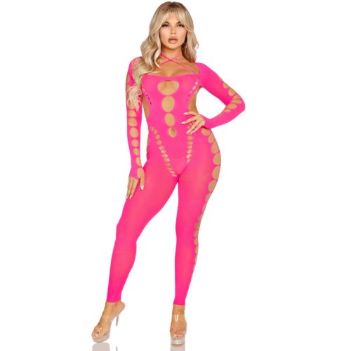 LEG AVENUE - Rózsaszín, nyitott hátú bodystocking, egy méret