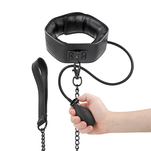 Fetish Submissive Bondage Inflatable Strangling Collar Adjustable Pressure Vegan Leather Black