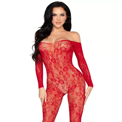 LEG AVENUE - csipkés fehérnemű bodystocking vörös színben
