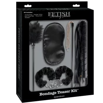   Fetish Fantasy Set bondage cu bici, cătușe blăniță și mască satinată